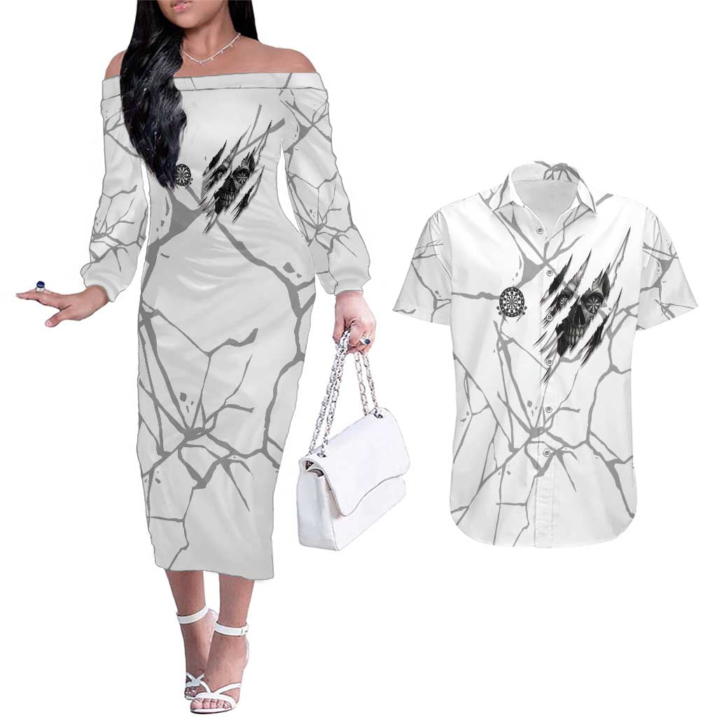 Dartboard Skull Darts Couples Matching Off The Shoulder Long Sleeve Dress and Hawaiian Shirt with Torn Stone Texture and Cracked Marble Design - Wonder Print Shop