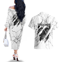 Dartboard Skull Darts Couples Matching Off The Shoulder Long Sleeve Dress and Hawaiian Shirt with Torn Stone Texture and Cracked Marble Design - Wonder Print Shop