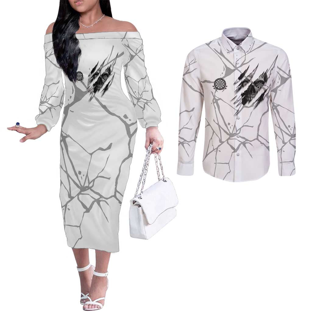 Dartboard Skull Darts Couples Matching Off The Shoulder Long Sleeve Dress and Long Sleeve Button Shirt with Torn Stone Texture and Cracked Marble Design - Wonder Print Shop