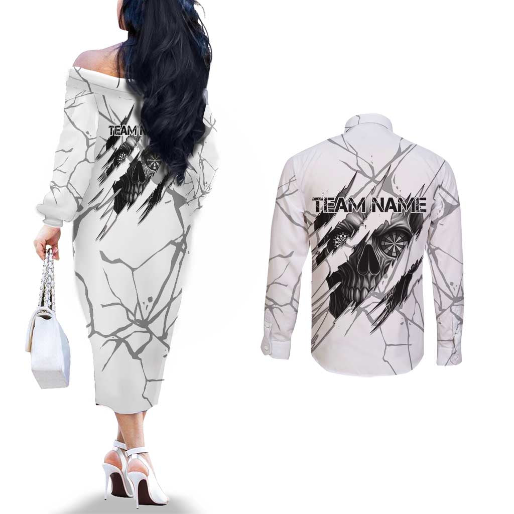 Dartboard Skull Darts Couples Matching Off The Shoulder Long Sleeve Dress and Long Sleeve Button Shirt with Torn Stone Texture and Cracked Marble Design - Wonder Print Shop