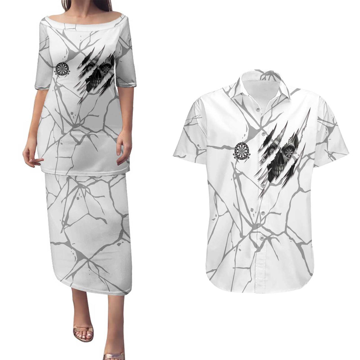 Dartboard Skull Darts Couples Matching Puletasi and Hawaiian Shirt with Torn Stone Texture and Cracked Marble Design - Wonder Print Shop