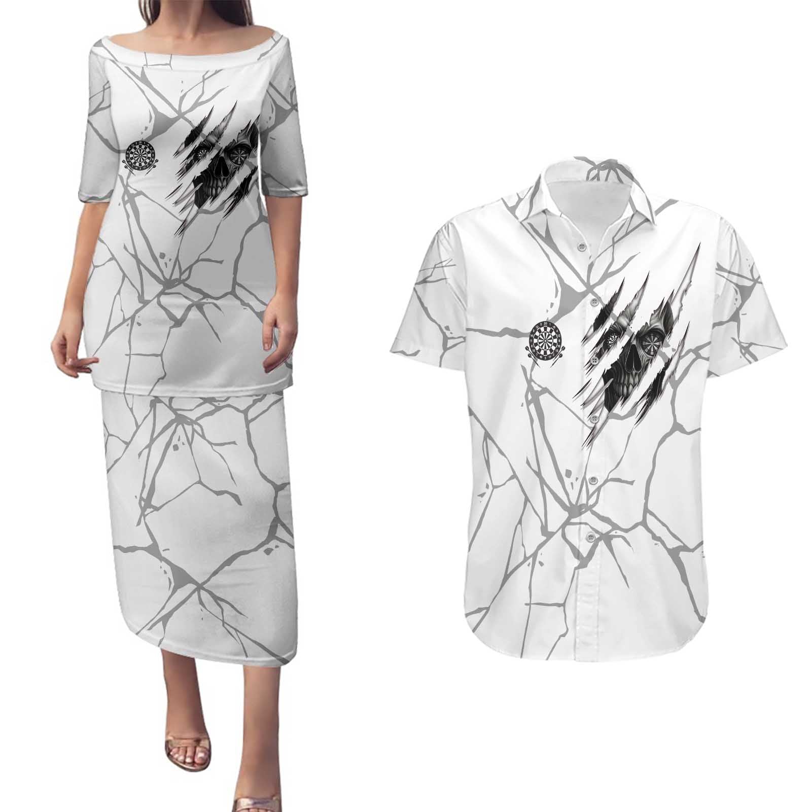 Dartboard Skull Darts Couples Matching Puletasi and Hawaiian Shirt with Torn Stone Texture and Cracked Marble Design - Wonder Print Shop