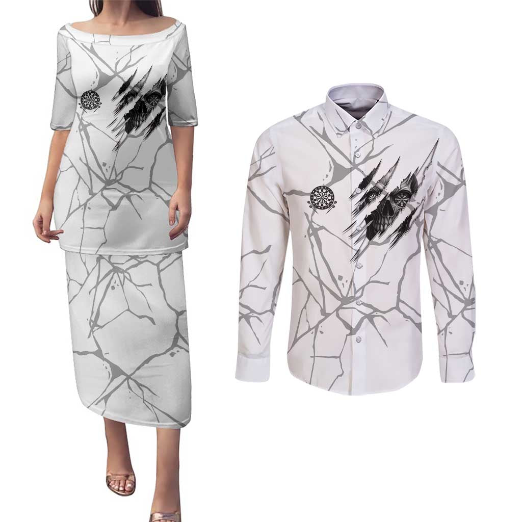 Dartboard Skull Darts Couples Matching Puletasi and Long Sleeve Button Shirt with Torn Stone Texture and Cracked Marble Design - Wonder Print Shop