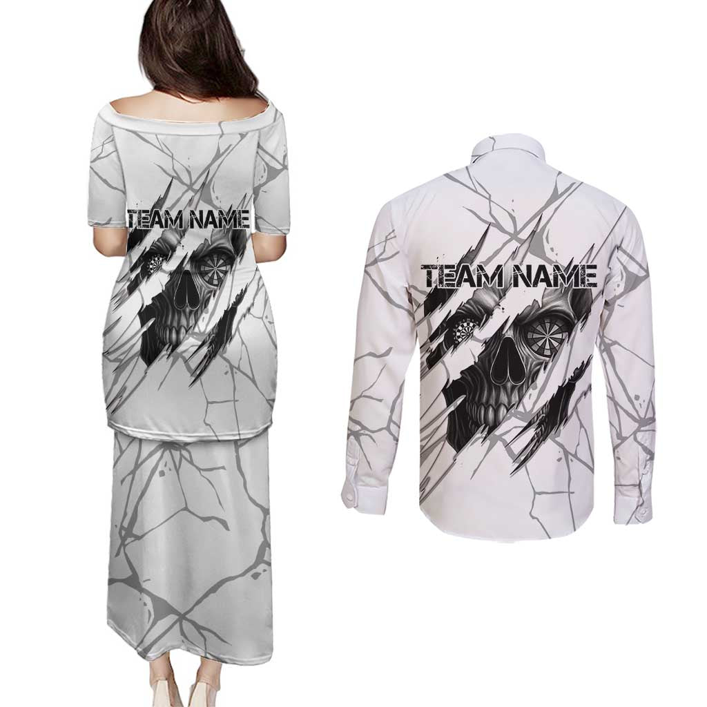 Dartboard Skull Darts Couples Matching Puletasi and Long Sleeve Button Shirt with Torn Stone Texture and Cracked Marble Design - Wonder Print Shop