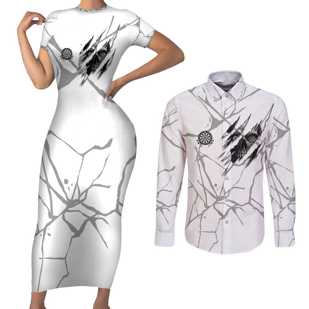 Dartboard Skull Darts Couples Matching Short Sleeve Bodycon Dress and Long Sleeve Button Shirt with Torn Stone Texture and Cracked Marble Design - Wonder Print Shop