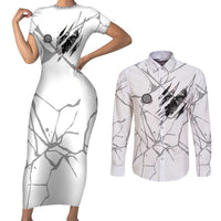 Dartboard Skull Darts Couples Matching Short Sleeve Bodycon Dress and Long Sleeve Button Shirt with Torn Stone Texture and Cracked Marble Design - Wonder Print Shop