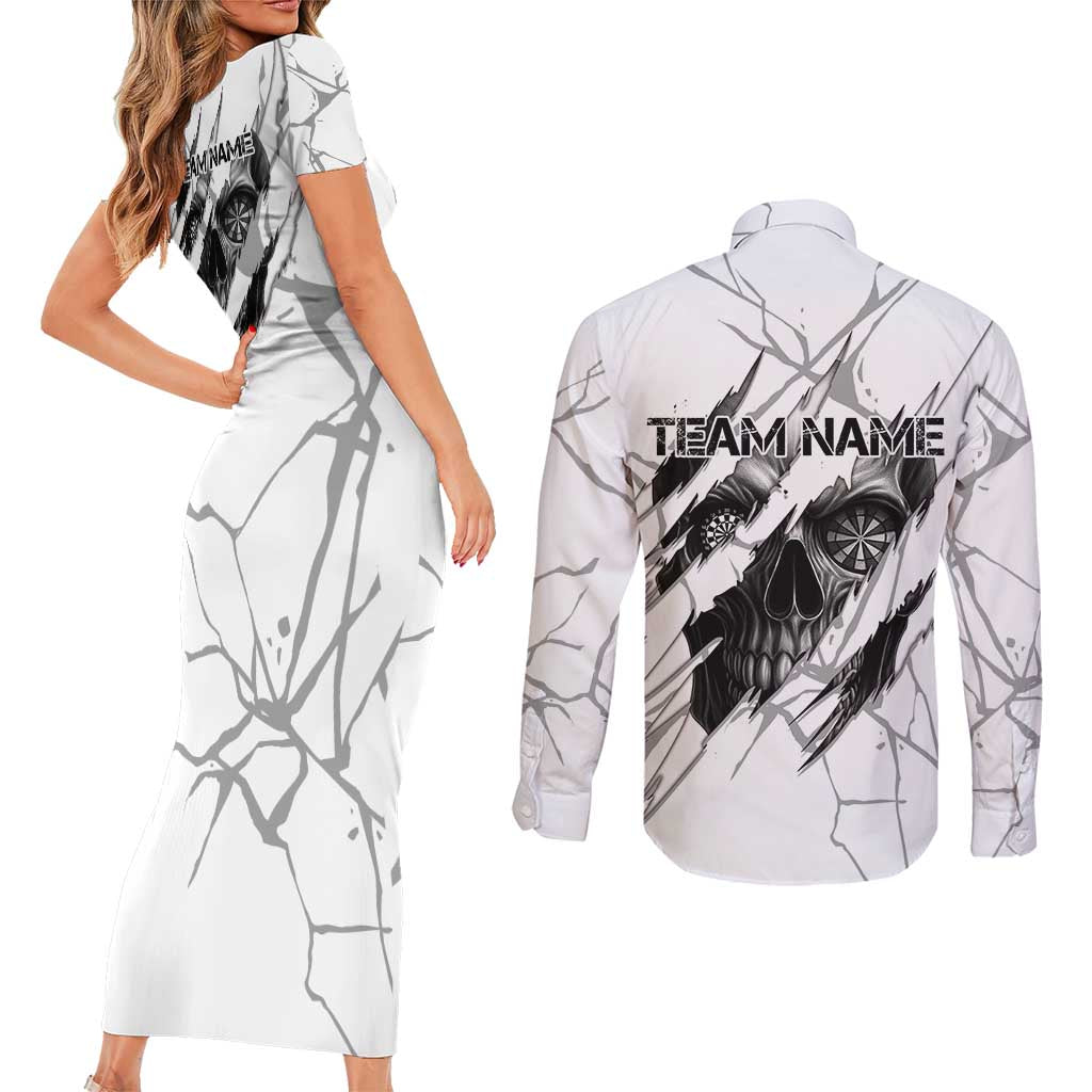 Dartboard Skull Darts Couples Matching Short Sleeve Bodycon Dress and Long Sleeve Button Shirt with Torn Stone Texture and Cracked Marble Design - Wonder Print Shop