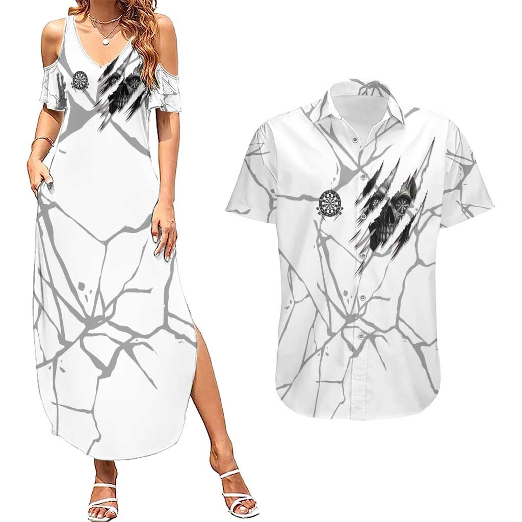 Dartboard Skull Darts Couples Matching Summer Maxi Dress and Hawaiian Shirt with Torn Stone Texture and Cracked Marble Design - Wonder Print Shop