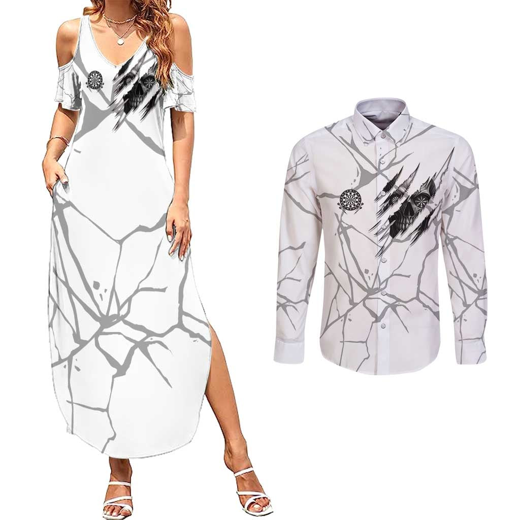 Dartboard Skull Darts Couples Matching Summer Maxi Dress and Long Sleeve Button Shirt with Torn Stone Texture and Cracked Marble Design - Wonder Print Shop