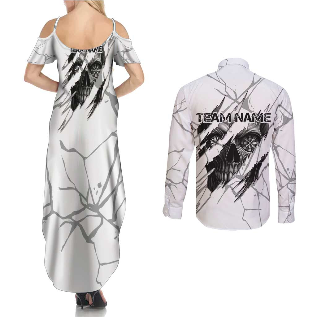 Dartboard Skull Darts Couples Matching Summer Maxi Dress and Long Sleeve Button Shirt with Torn Stone Texture and Cracked Marble Design - Wonder Print Shop