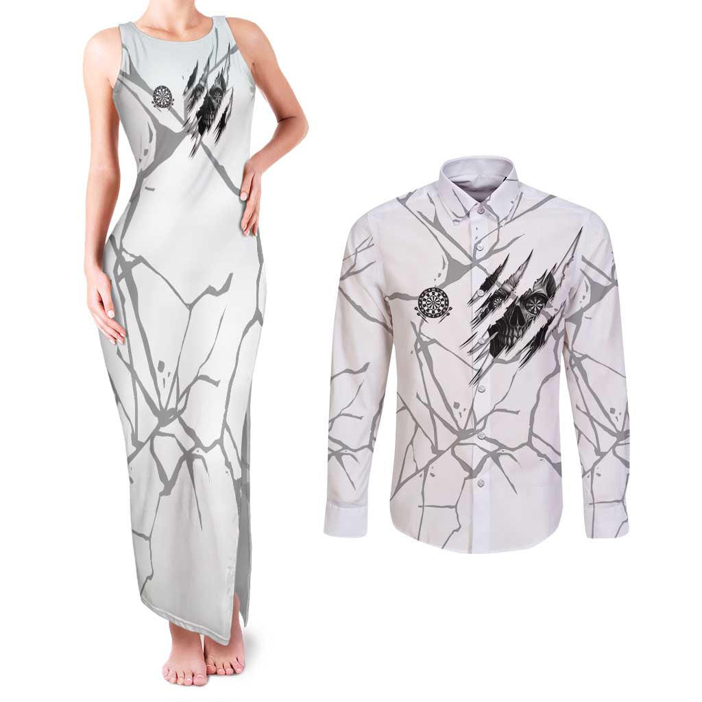Dartboard Skull Darts Couples Matching Tank Maxi Dress and Long Sleeve Button Shirt with Torn Stone Texture and Cracked Marble Design - Wonder Print Shop