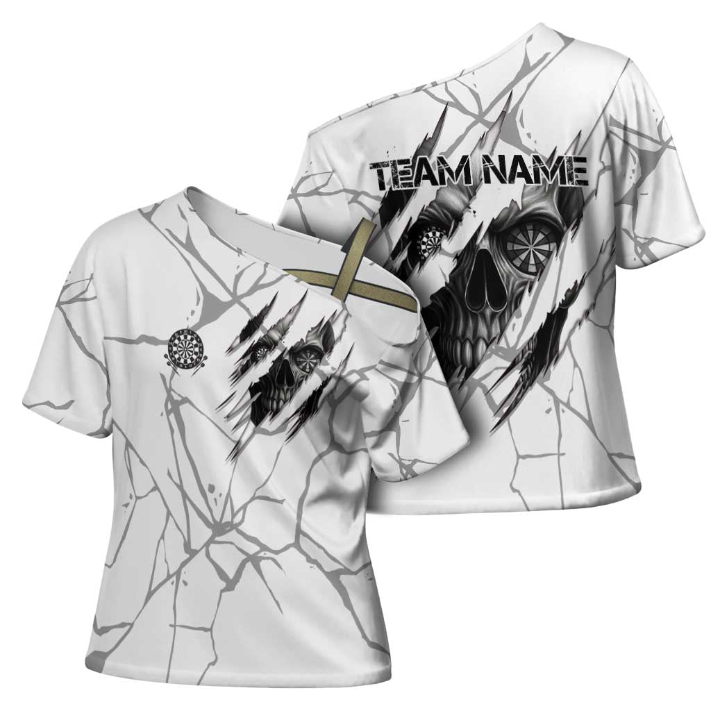 Dartboard Skull Darts Cross Shoulder Shirt with Torn Stone Texture and Cracked Marble Design - Wonder Print Shop