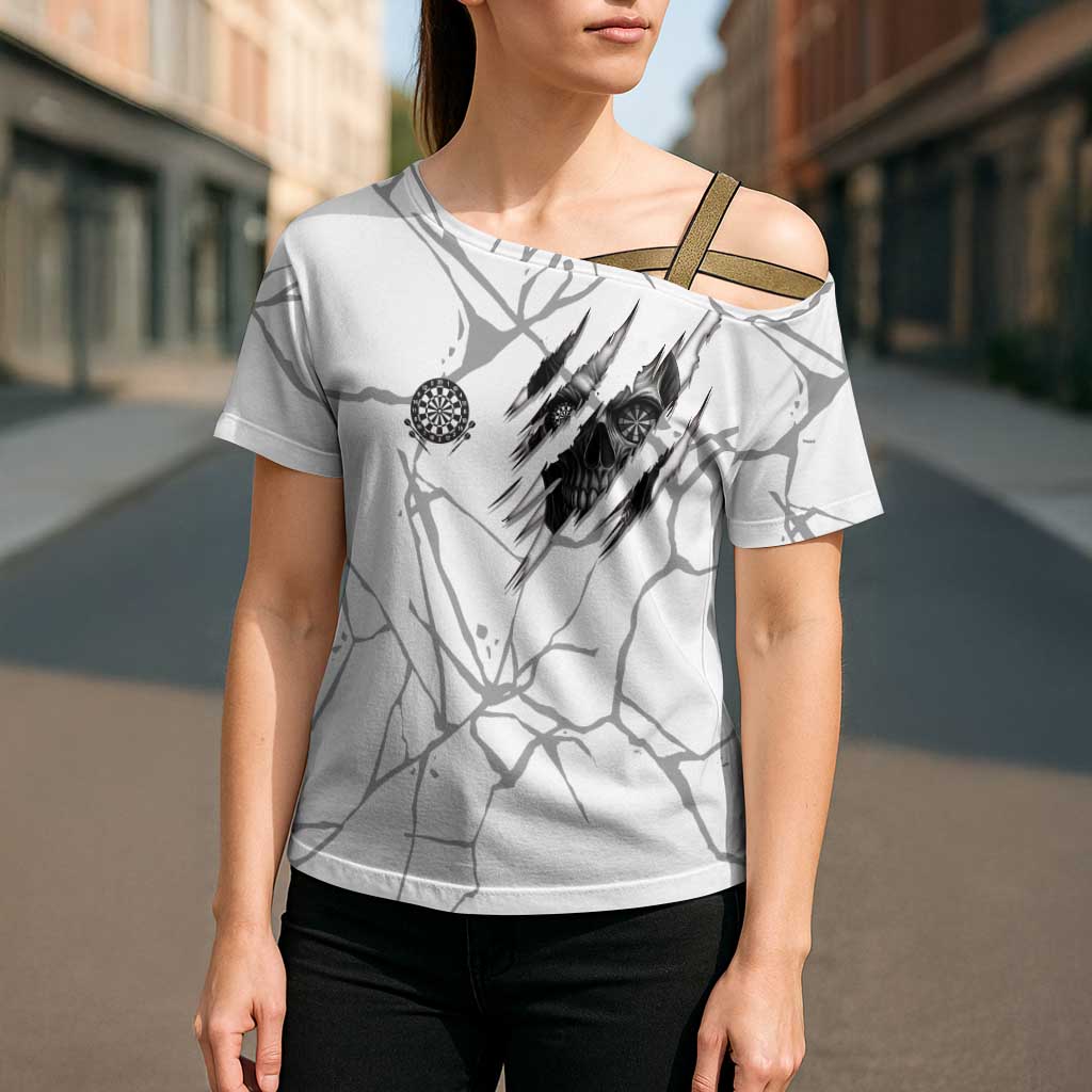 Dartboard Skull Darts Cross Shoulder Shirt with Torn Stone Texture and Cracked Marble Design - Wonder Print Shop