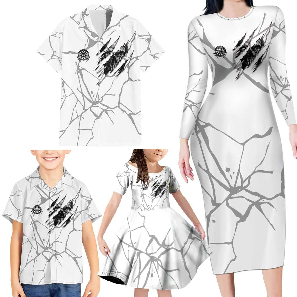Dartboard Skull Darts Family Matching Long Sleeve Bodycon Dress and Hawaiian Shirt with Torn Stone Texture and Cracked Marble Design - Wonder Print Shop