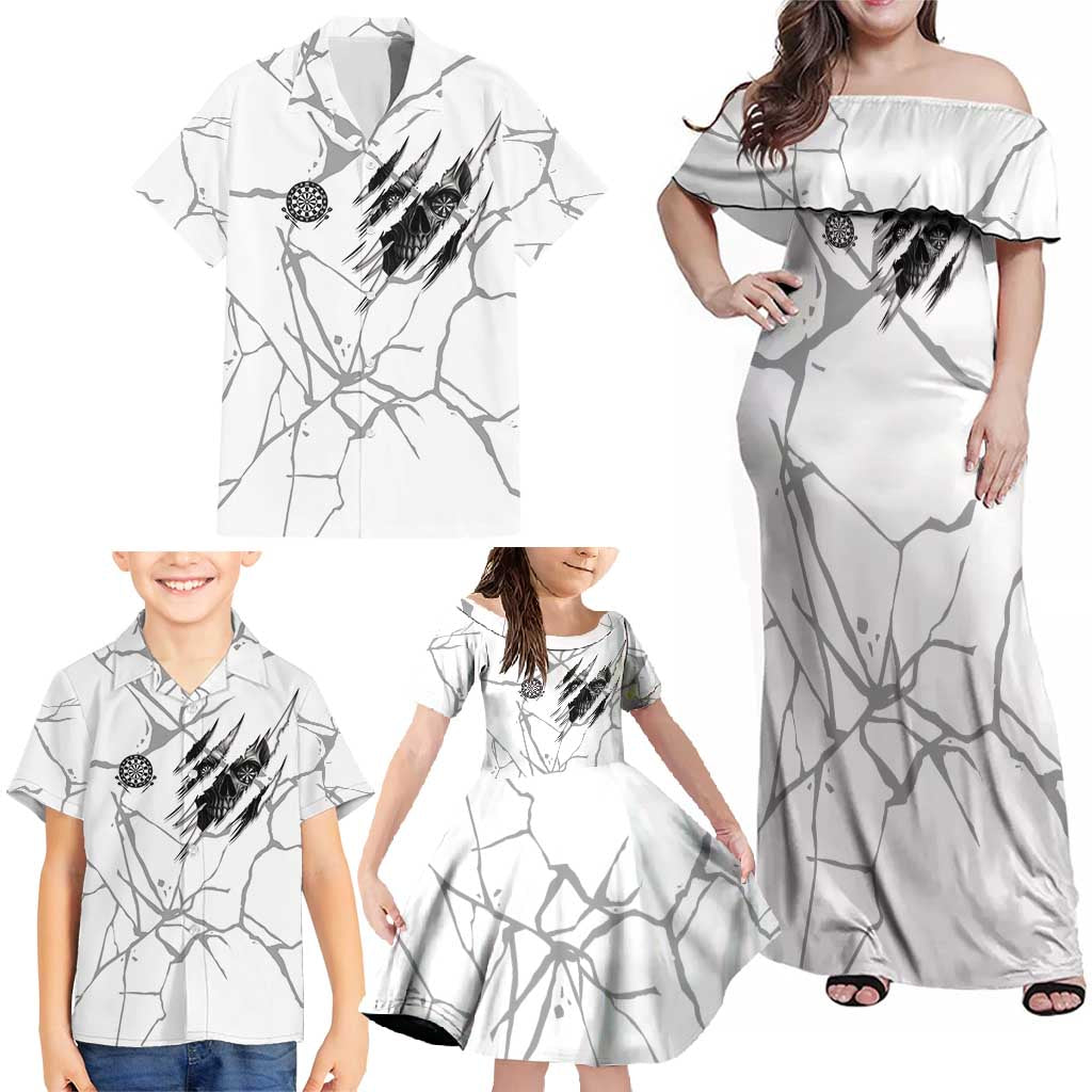 Dartboard Skull Darts Family Matching Off Shoulder Maxi Dress and Hawaiian Shirt with Torn Stone Texture and Cracked Marble Design - Wonder Print Shop