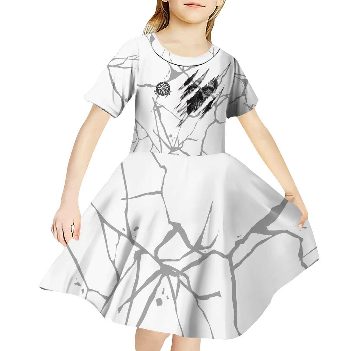 Dartboard Skull Darts Kid Short Sleeve Dress with Torn Stone Texture and Cracked Marble Design - Wonder Print Shop