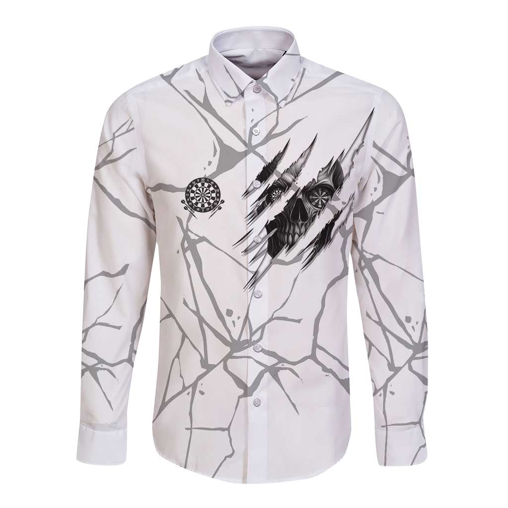 Dartboard Skull Darts Long Sleeve Button Shirt with Torn Stone Texture and Cracked Marble Design - Wonder Print Shop