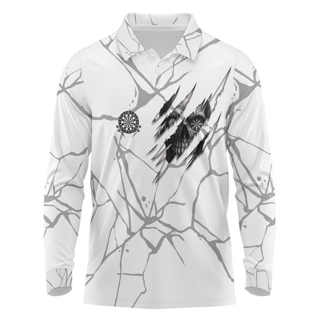 Dartboard Skull Darts Long Sleeve Polo Shirt with Torn Stone Texture and Cracked Marble Design - Wonder Print Shop