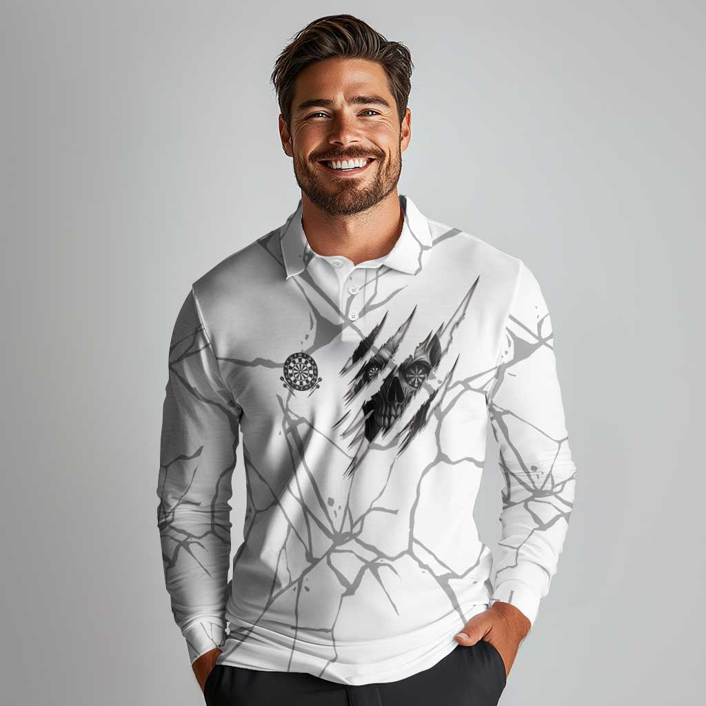 Dartboard Skull Darts Long Sleeve Polo Shirt with Torn Stone Texture and Cracked Marble Design - Wonder Print Shop