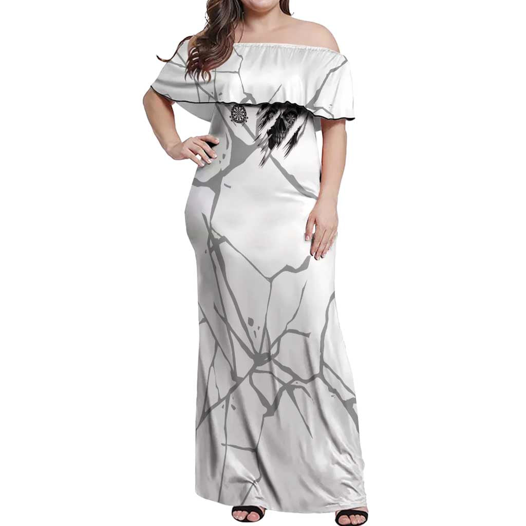 Dartboard Skull Darts Off Shoulder Maxi Dress with Torn Stone Texture and Cracked Marble Design - Wonder Print Shop