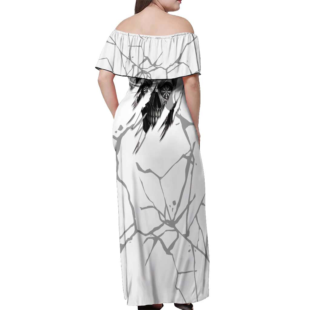 Dartboard Skull Darts Off Shoulder Maxi Dress with Torn Stone Texture and Cracked Marble Design - Wonder Print Shop