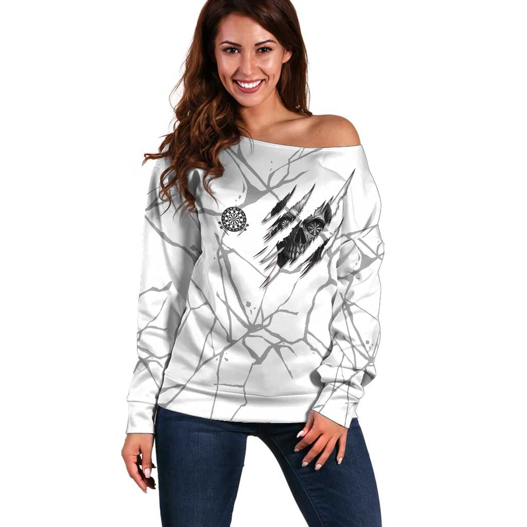 Dartboard Skull Darts Off Shoulder Sweater with Torn Stone Texture and Cracked Marble Design - Wonder Print Shop
