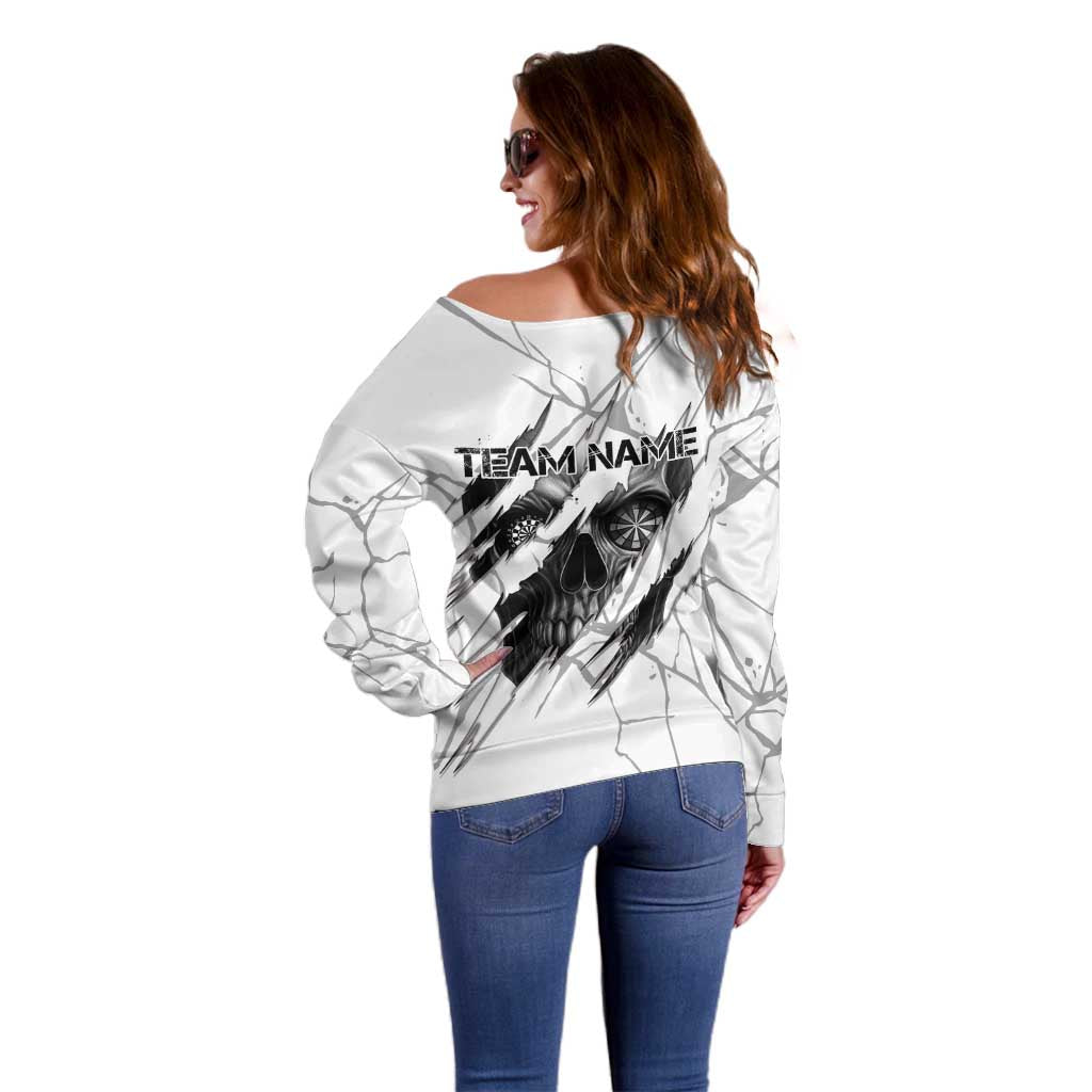 Dartboard Skull Darts Off Shoulder Sweater with Torn Stone Texture and Cracked Marble Design - Wonder Print Shop