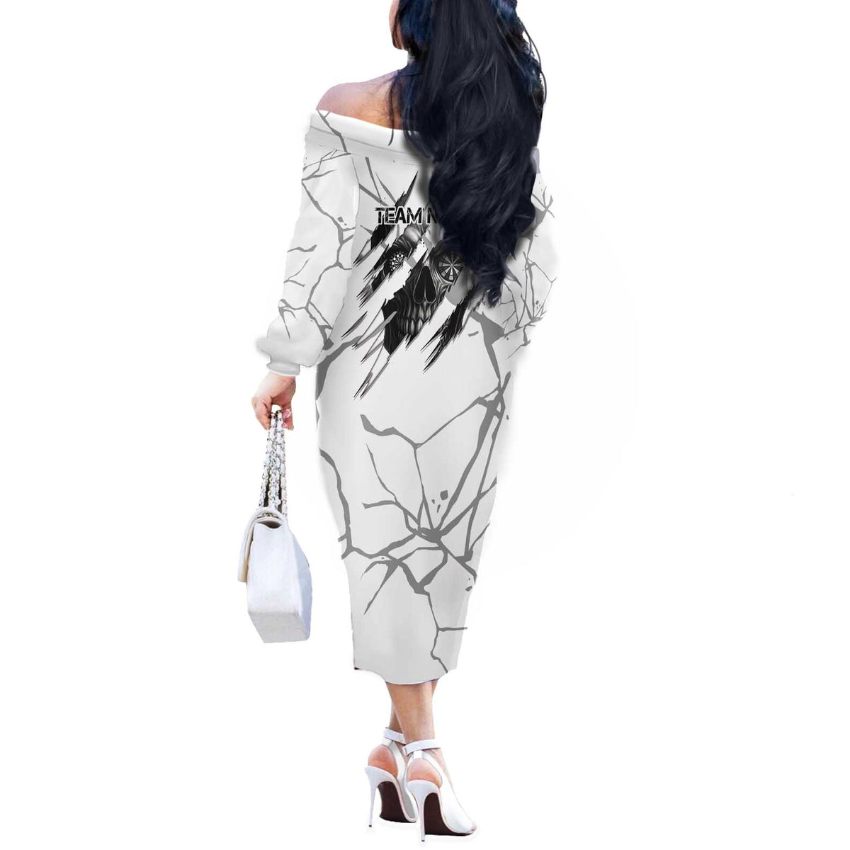 Dartboard Skull Darts Off The Shoulder Long Sleeve Dress with Torn Stone Texture and Cracked Marble Design - Wonder Print Shop