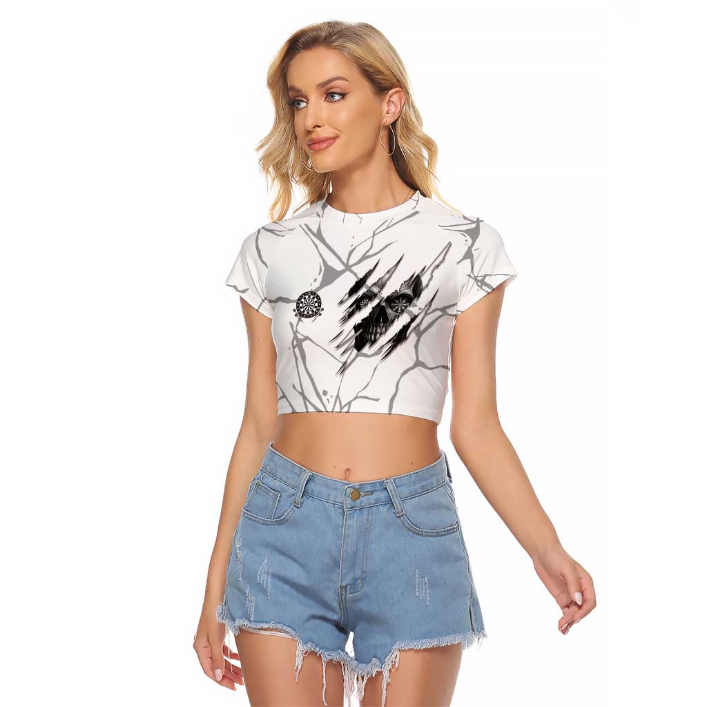 Dartboard Skull Darts Raglan Cropped T Shirt with Torn Stone Texture and Cracked Marble Design - Wonder Print Shop