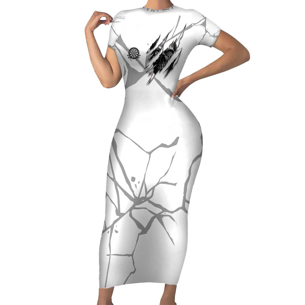 Dartboard Skull Darts Short Sleeve Bodycon Dress with Torn Stone Texture and Cracked Marble Design - Wonder Print Shop