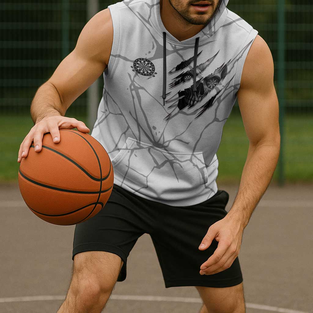 Dartboard Skull Darts Sleeveless Hoodie with Torn Stone Texture and Cracked Marble Design - Wonder Print Shop