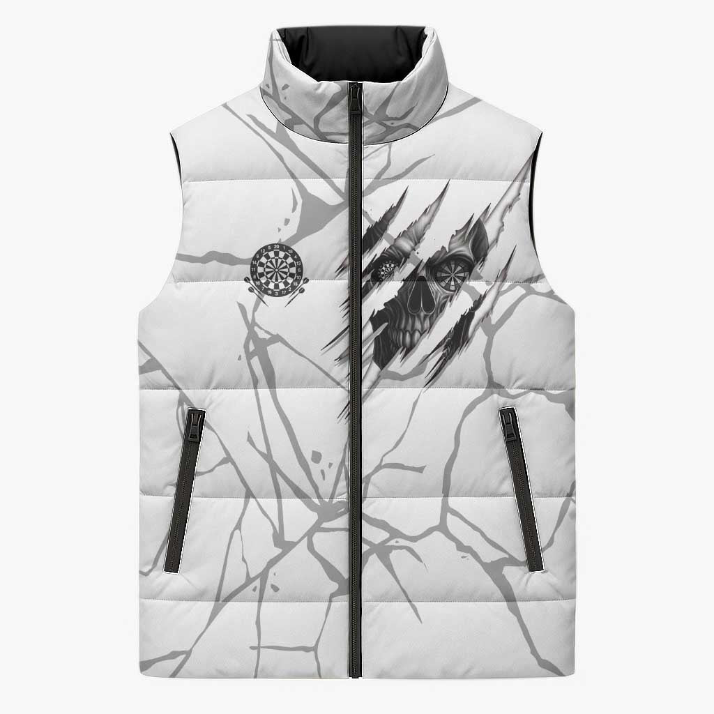 Dartboard Skull Darts Sleeveless Puffer Jacket with Torn Stone Texture and Cracked Marble Design - Wonder Print Shop