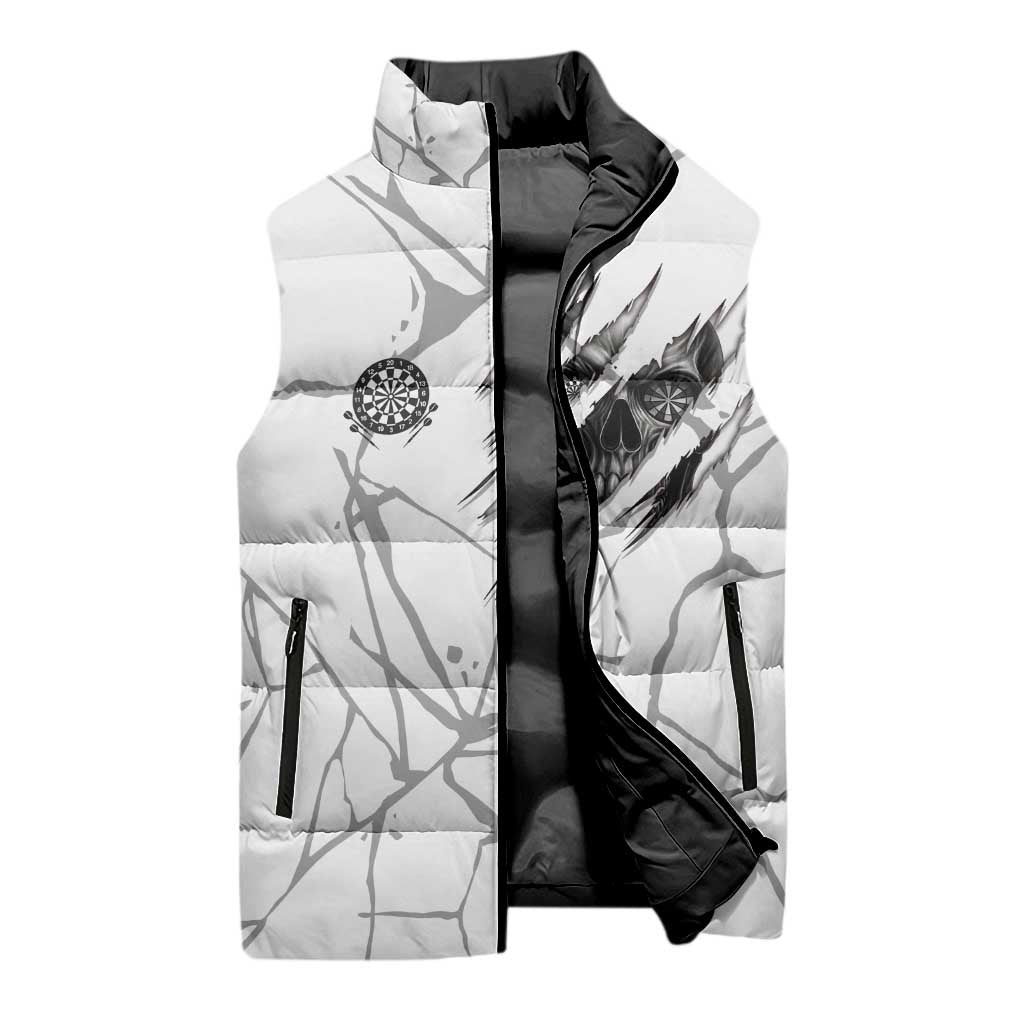 Dartboard Skull Darts Sleeveless Puffer Jacket with Torn Stone Texture and Cracked Marble Design - Wonder Print Shop