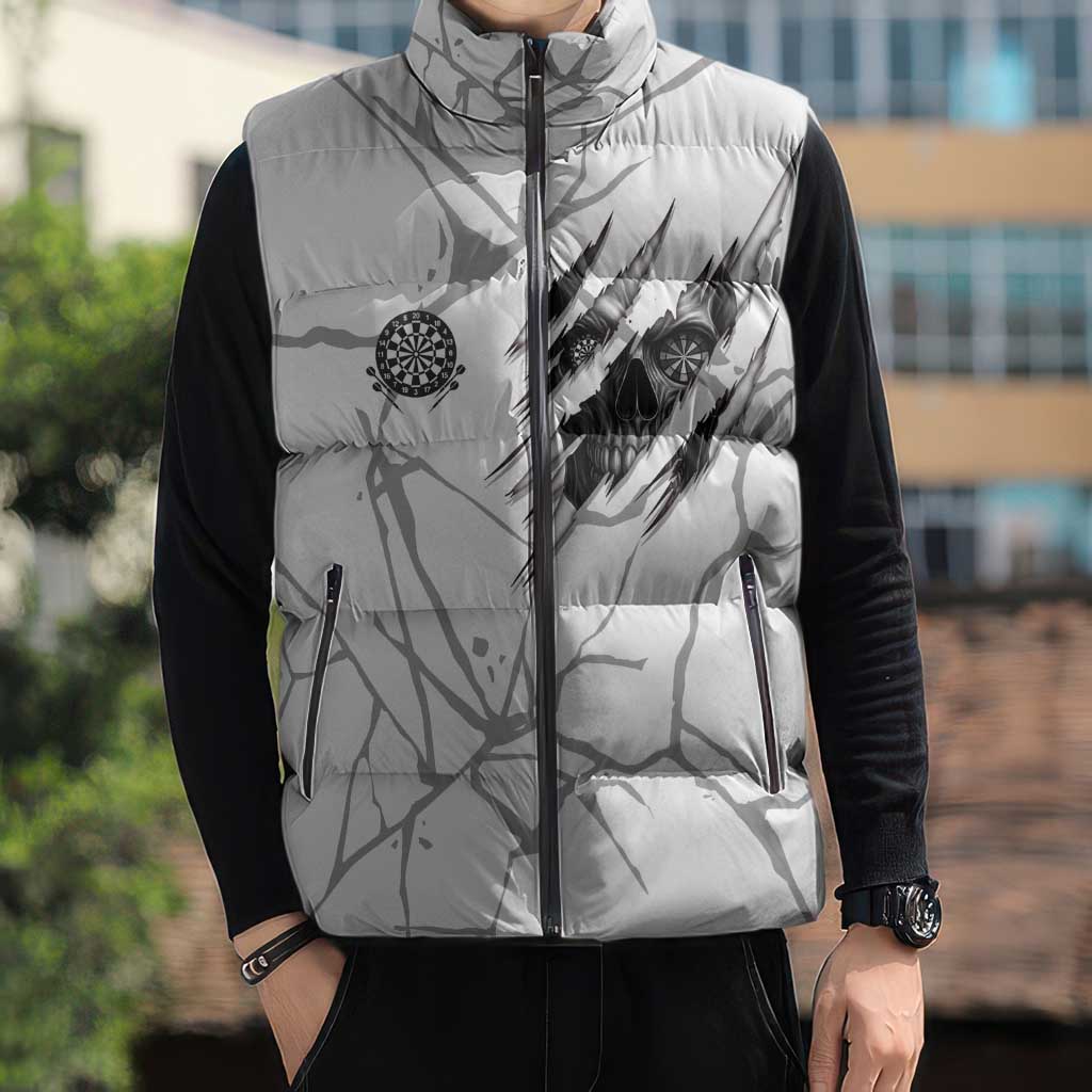 Dartboard Skull Darts Sleeveless Puffer Jacket with Torn Stone Texture and Cracked Marble Design - Wonder Print Shop