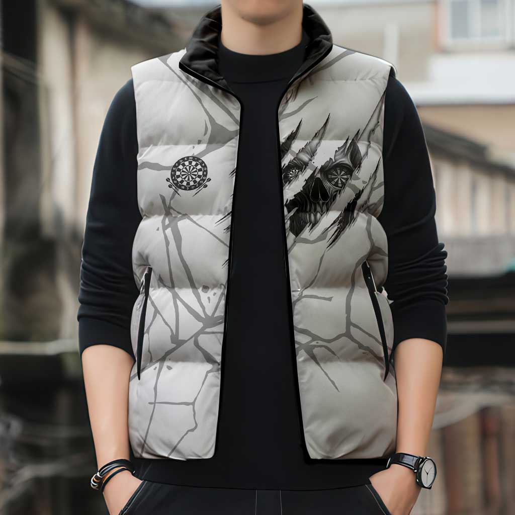 Dartboard Skull Darts Sleeveless Puffer Jacket with Torn Stone Texture and Cracked Marble Design - Wonder Print Shop