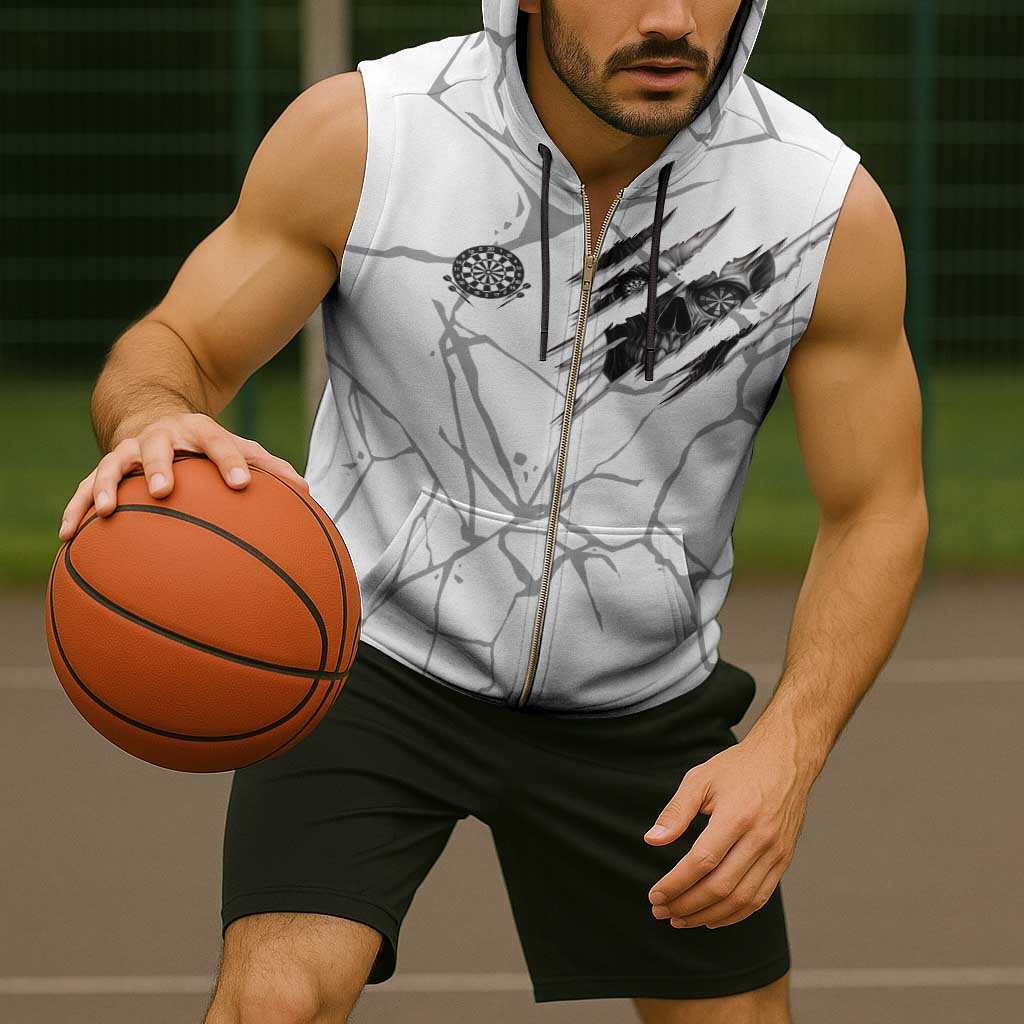 Dartboard Skull Darts Sleeveless Zip Hoodie with Torn Stone Texture and Cracked Marble Design - Wonder Print Shop
