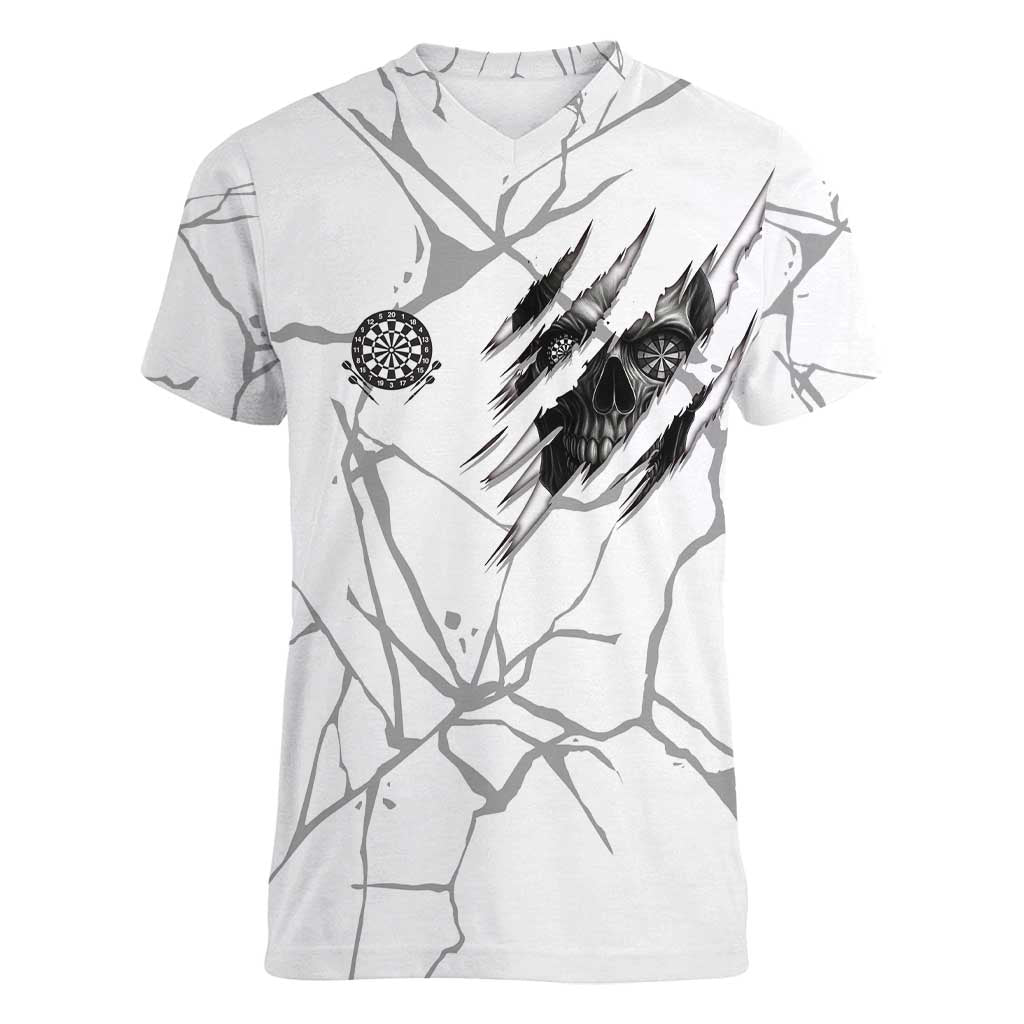 Dartboard Skull Darts Women V-Neck T-Shirt with Torn Stone Texture and Cracked Marble Design - Wonder Print Shop