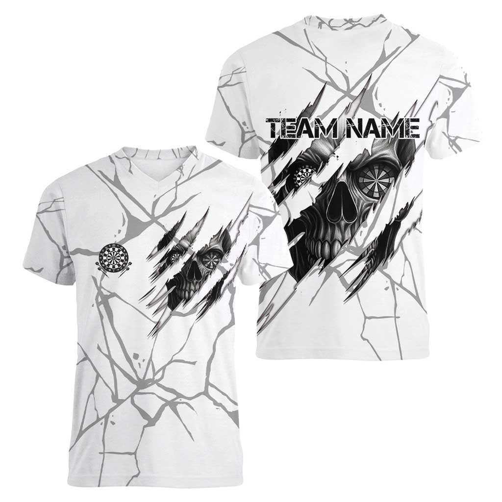 Dartboard Skull Darts Women V-Neck T-Shirt with Torn Stone Texture and Cracked Marble Design - Wonder Print Shop