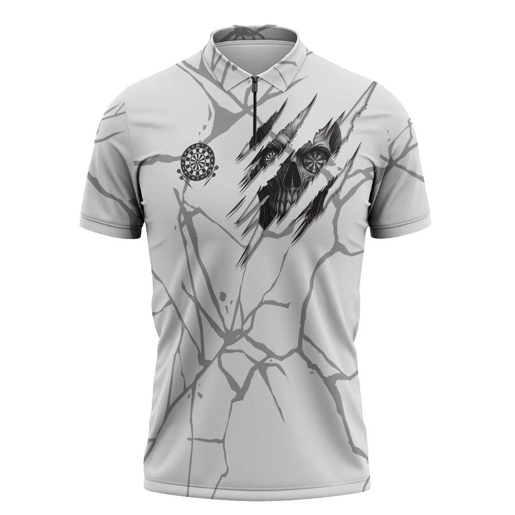 Dartboard Skull Darts Zipper Polo Shirt with Torn Stone Texture and Cracked Marble Design - Wonder Print Shop