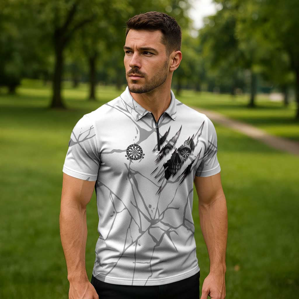 Dartboard Skull Darts Zipper Polo Shirt with Torn Stone Texture and Cracked Marble Design - Wonder Print Shop