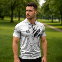 Dartboard Skull Darts Zipper Polo Shirt with Torn Stone Texture and Cracked Marble Design - Wonder Print Shop