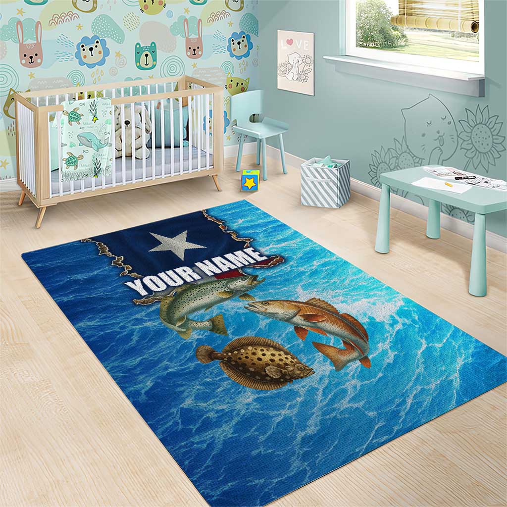 Texas Flag Fishing Area Rug with Ocean Fish Graphic and Blue Water Background - Wonder Print Shop