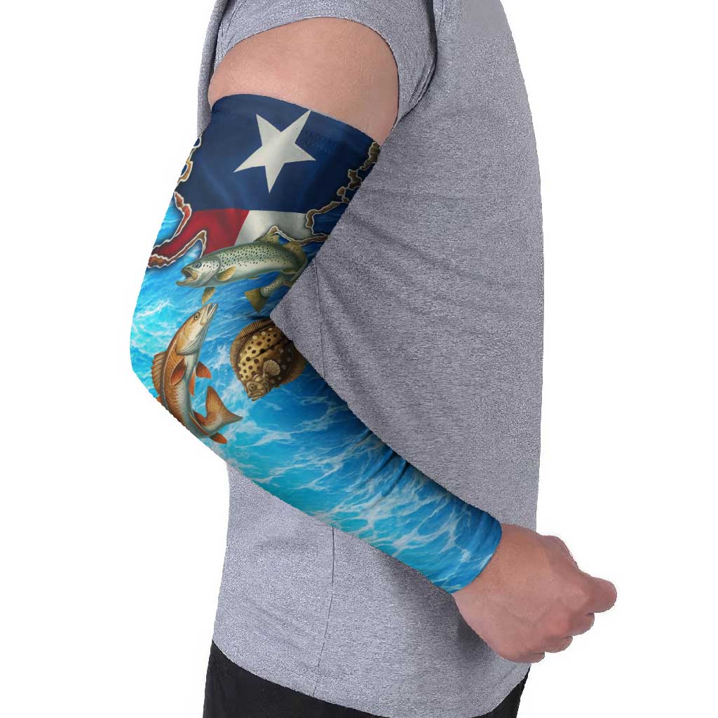 Texas Flag Fishing Arm Sleeves with Ocean Fish Graphic and Blue Water Background - Wonder Print Shop