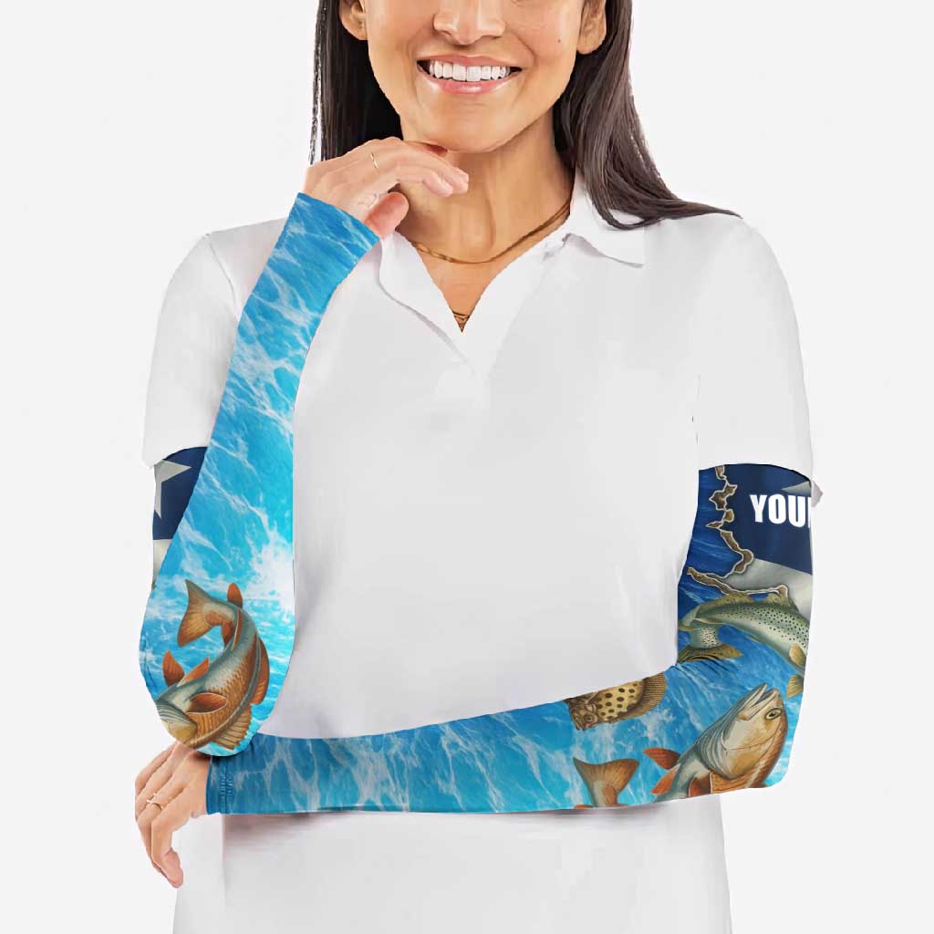 Texas Flag Fishing Arm Sleeves with Ocean Fish Graphic and Blue Water Background - Wonder Print Shop