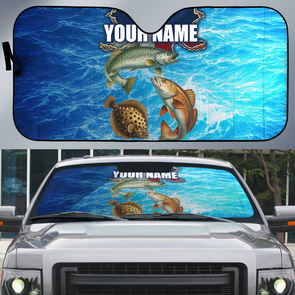 Texas Flag Fishing Auto Sun Shade with Ocean Fish Graphic and Blue Water Background - Wonder Print Shop