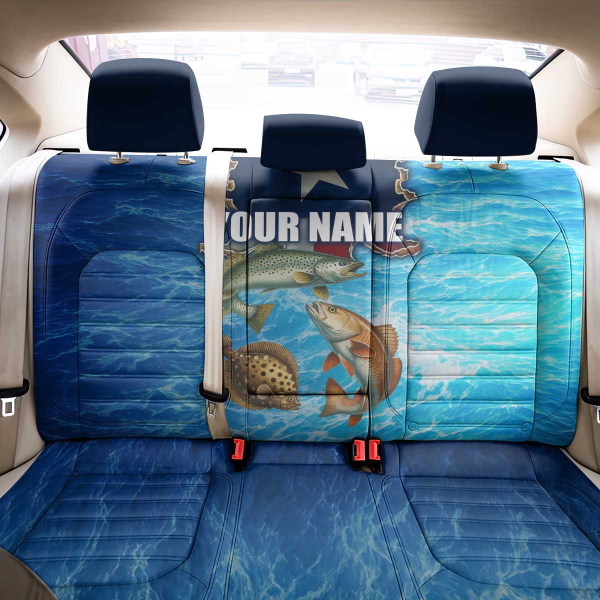 Texas Flag Fishing Back Car Seat Cover with Ocean Fish Graphic and Blue Water Background - Wonder Print Shop