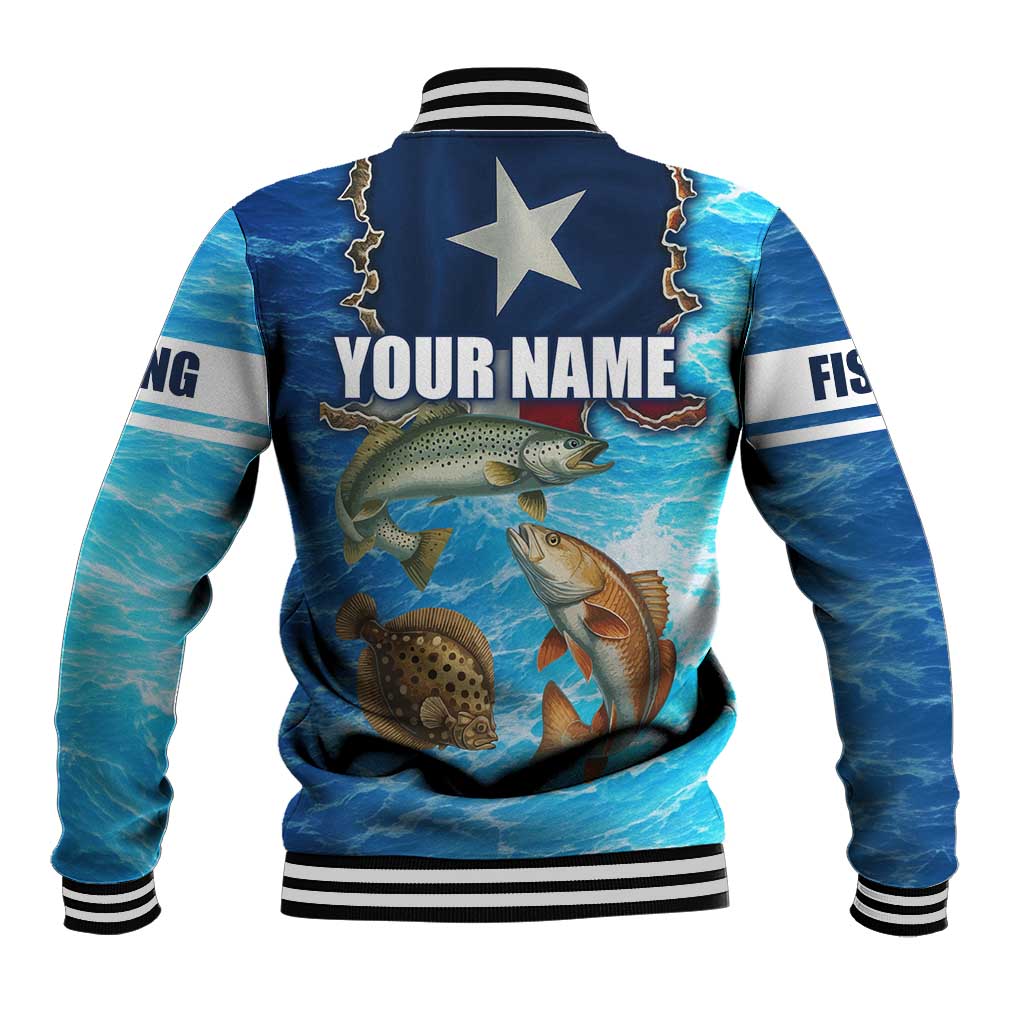 Texas Flag Fishing Baseball Jacket with Ocean Fish Graphic and Blue Water Background - Wonder Print Shop