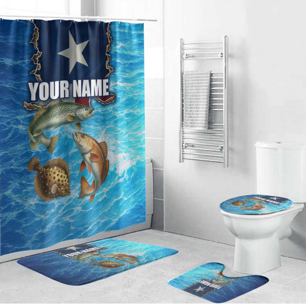 Texas Flag Fishing Bathroom Set with Ocean Fish Graphic and Blue Water Background - Wonder Print Shop