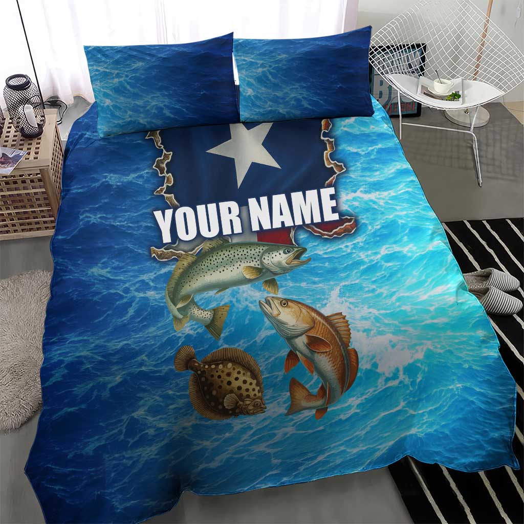 Texas Flag Fishing Bedding Set with Ocean Fish Graphic and Blue Water Background - Wonder Print Shop