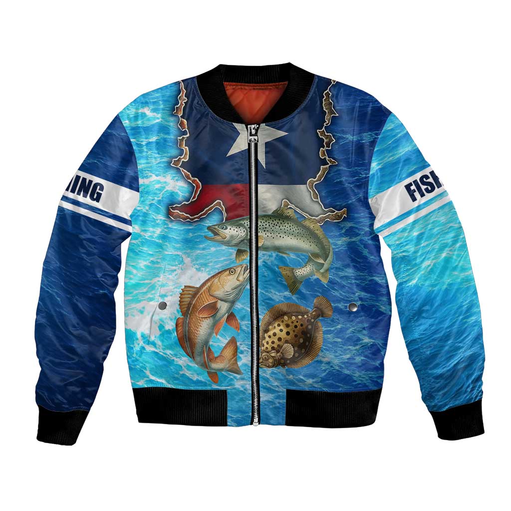 Texas Flag Fishing Bomber Jacket with Ocean Fish Graphic and Blue Water Background - Wonder Print Shop